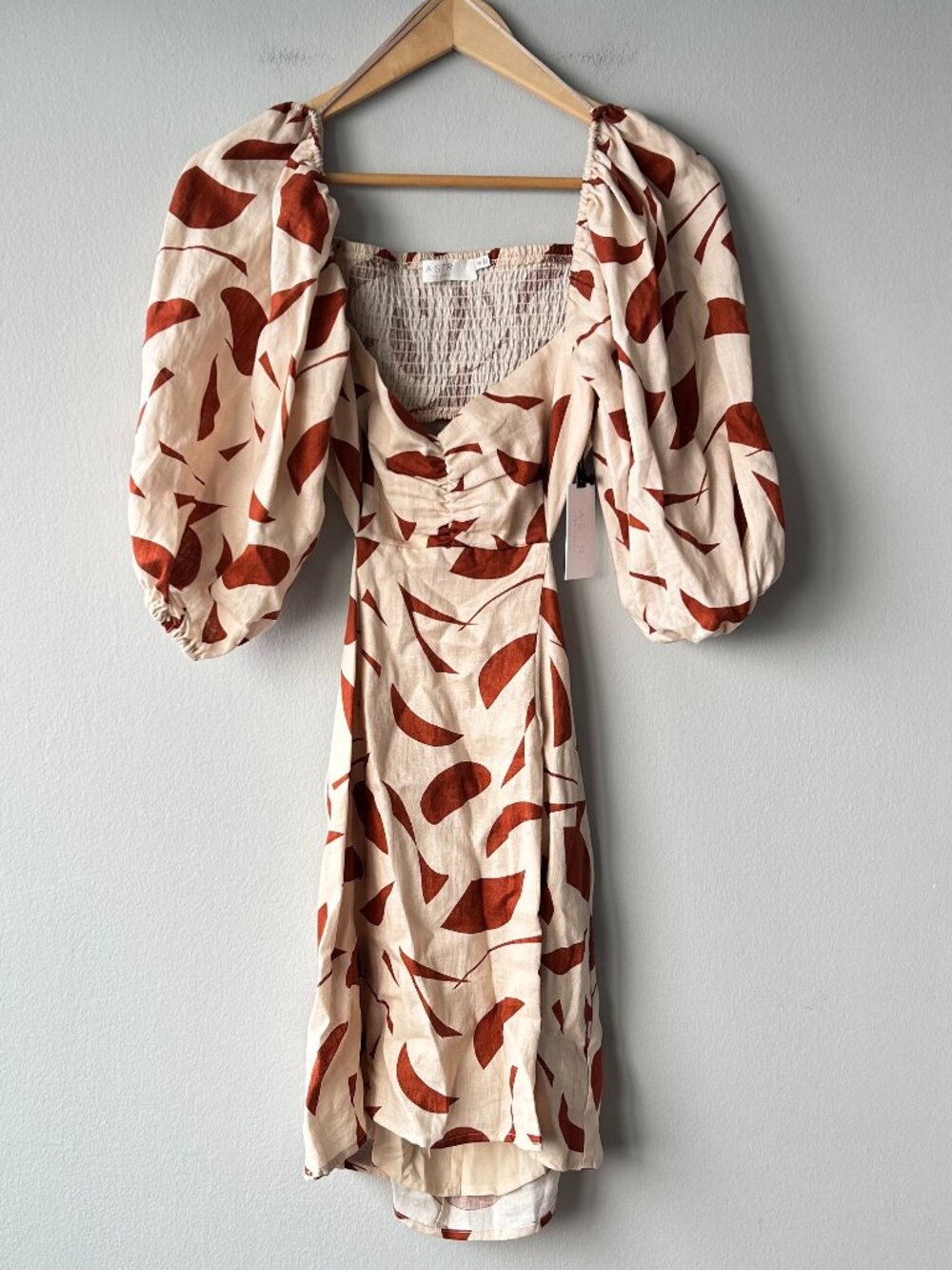 ASTR The Label Heather Linen Mini Dress Rust Abstract Puff Sleeve NWT Small